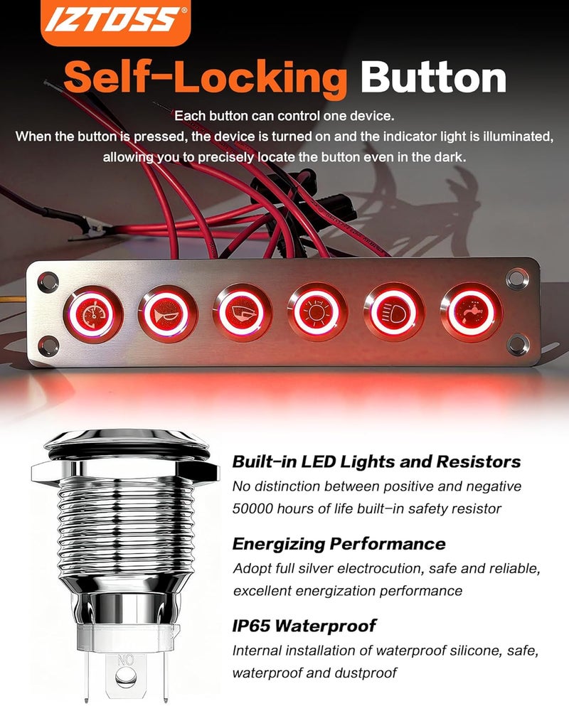 IZTOSS 6 Gang Aluminum Marine Rocker Switch Panel - Pre-Wired with Red LED Indicator, 12-24 V Multi-Function Rocker Switch - Ideal for Marine motorhomes, Yachts - Image 2